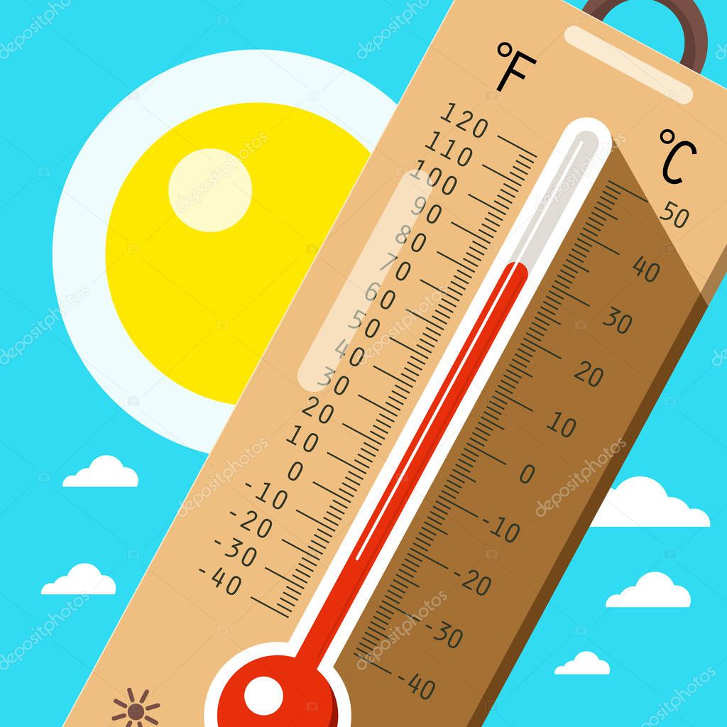 Thermometer with Sky and Sun. Hot Weather in Summer. Vector Cartoon.