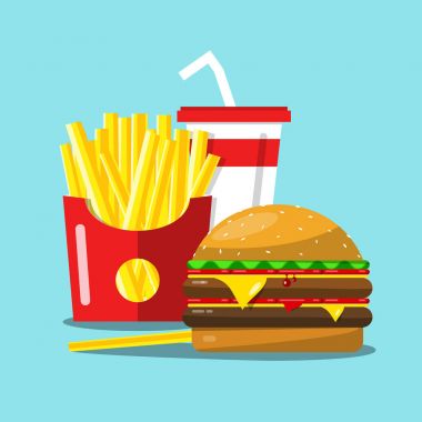 Fast Food vektör karikatür. Patates kızartması, Hamburger ve Soda düz tasarlamak.