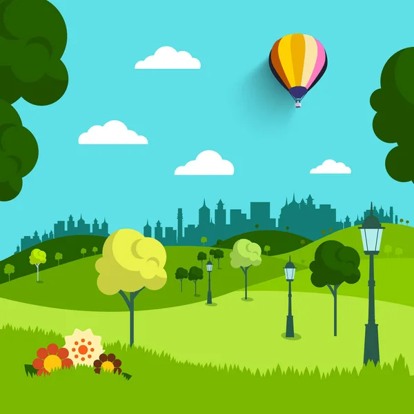 Paisaje de diseño plano vectorial del parque vacío. Escena natural con árboles, flores y globo aerostático . — Vector de stock