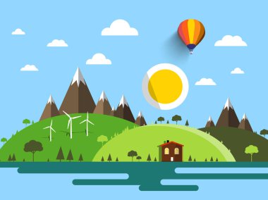 Düz tasarım vektör yatay, House, tepeler, dağlar ve güneş mavi gökyüzü üzerinde