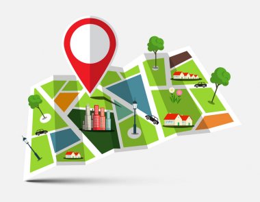 Marker, evler, ağaçlar ve araba ile şehir haritası. Vektör çizim.