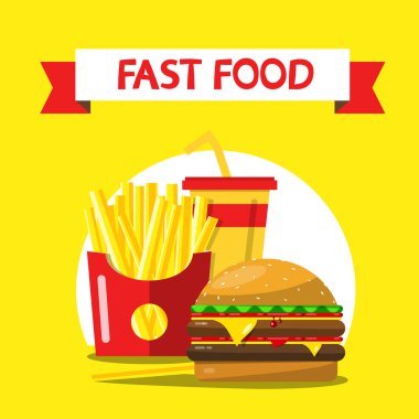 Fast Food düz tasarım vektör çizim Sarı zemin üzerine. Patates kızartması, Hamburger ve içecek.