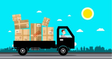Araba paketleri ile. Teslimat Servisi karikatür. Vektör düz tasarlamak.