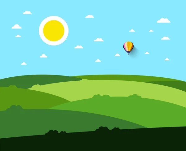 Tomt fält. Vector landskap med sol och luftballong. Naturen scen. — Stock vektor
