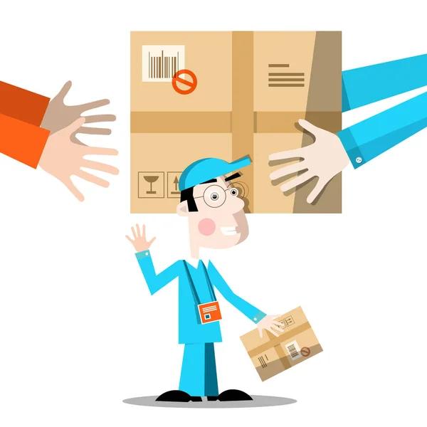 Ilustración del servicio de entrega. Manos con paquete y hombre aislados sobre fondo blanco. Mensajero con paquete . — Vector de stock