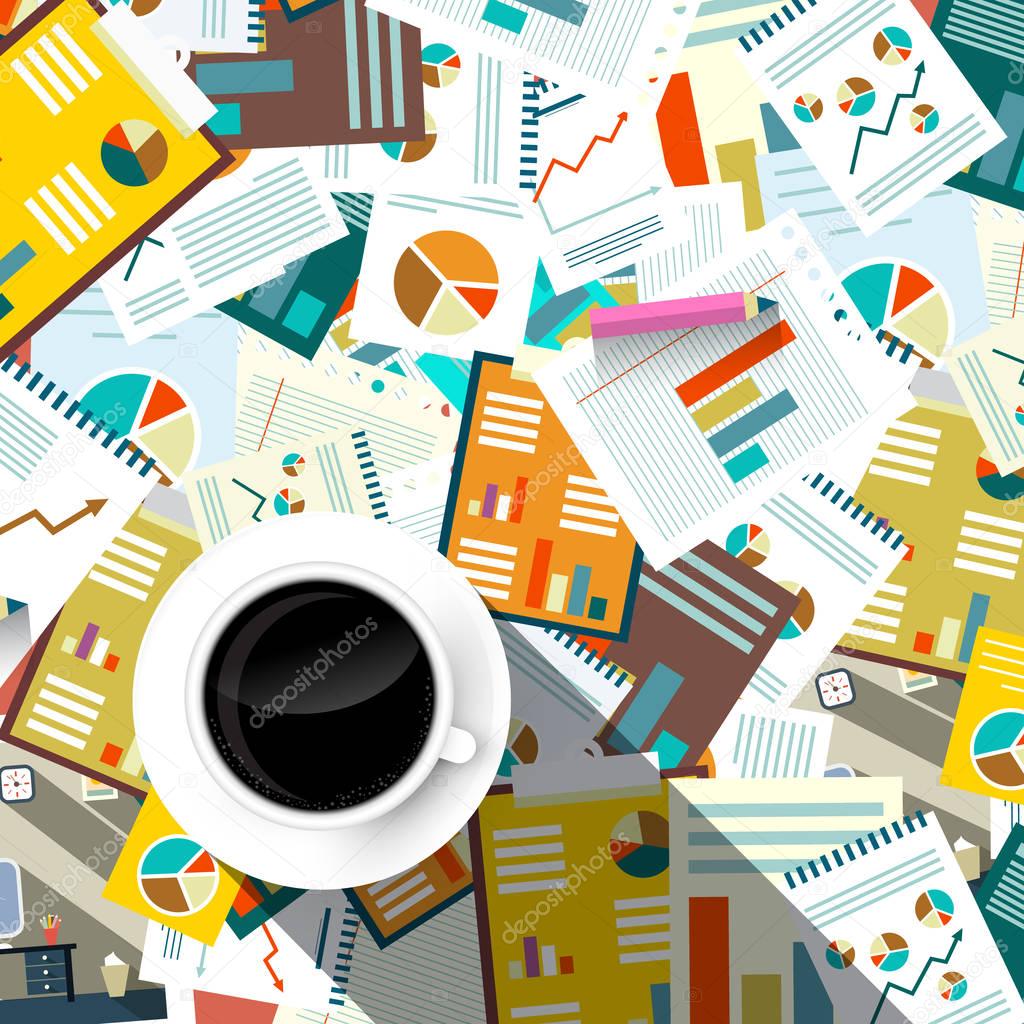 Paperwork Background. Top View Forms, Tax and Documents on Table with Coffee Cup. Vector Flat Design Illustration.