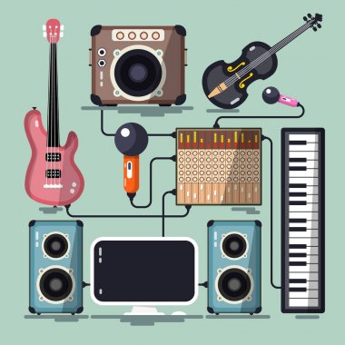 Müzik aletleri, kabloları ve cihazlar. Vektör düz tasarım ev kayıt stüdyosu.