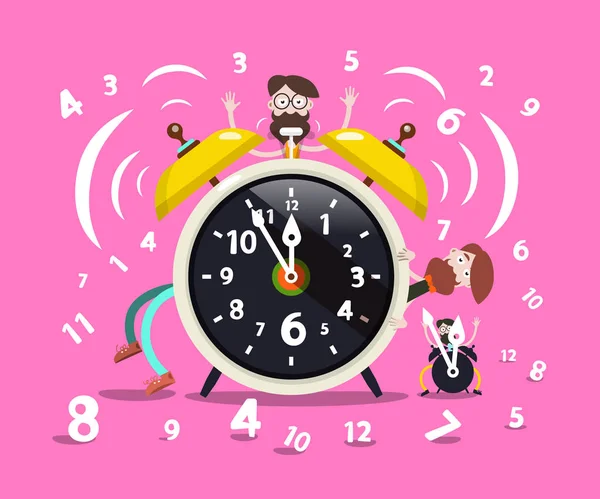 Ringande väckarklocka tecknad med Hipster män och siffror på rosa bakgrund — Stock vektor