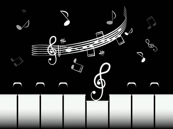 Tasti per pianoforte con pentagramma e note. Illustrazione retrò vettoriale in bianco e nero . — Vettoriale Stock