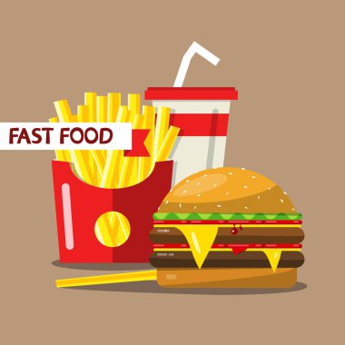 Fast Food. Vektör düz tasarım yemek. Patates kızartması, Hamburger ve içecek.