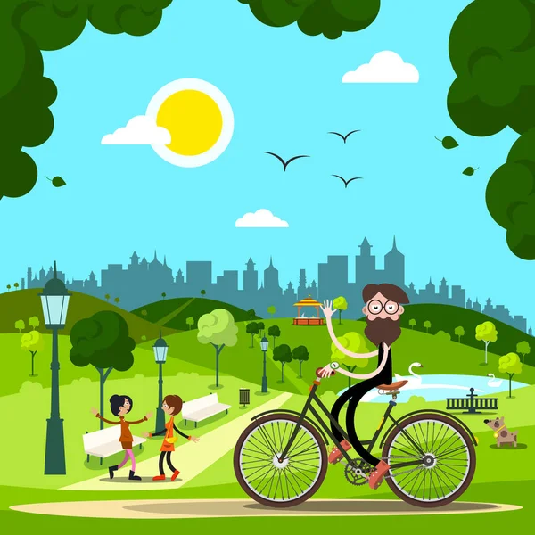 Man on Bicycle in City Park with People and Dog on Background (en inglés). Vector . — Vector de stock