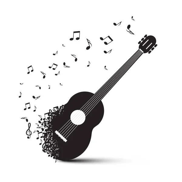 Black Guitar with Notes Isolated on White Background — Stock Vector