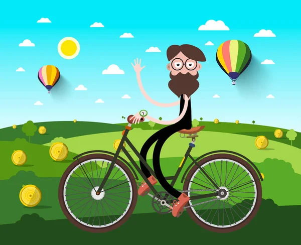 Человек на велосипеде на поле с Эй Хипс и воздушными шарами. Векторная миграция . — стоковый вектор