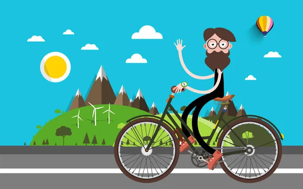 Viajar en bicicleta. Hombre en bicicleta. Naturaleza Paisaje Vector Diseño plano Ilustración . — Vector de stock