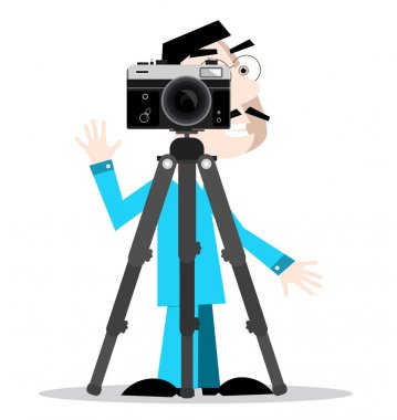 Beyaz arka plan üzerinde izole Tripod üzerinde kamera ile fotoğrafçı. Vektör çizgi film.