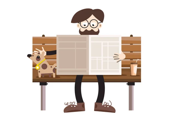 Man Reading Newspapers on Bench with Dog. Retro Hipster Cartoon. — Stock Vector