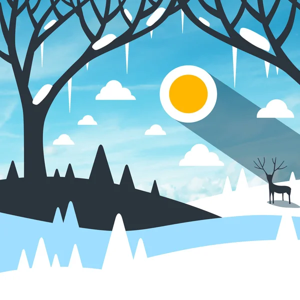 Winter Landscape with Snow on Field and Icicles on Trees. Empty Vector Nature Scene.