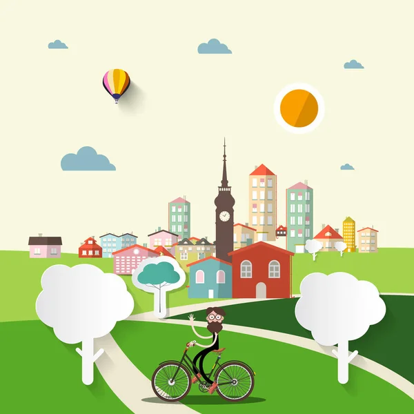 Αφηρημένο διάνυσμα επίπεδη σχεδίαση πόλη με άνθρωπος με ποδήλατο. — Διανυσματικό Αρχείο