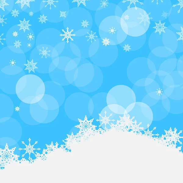 Winter Vector Blue Background with Snowflakes, Snow and Bokeh on Sky — Stock Vector