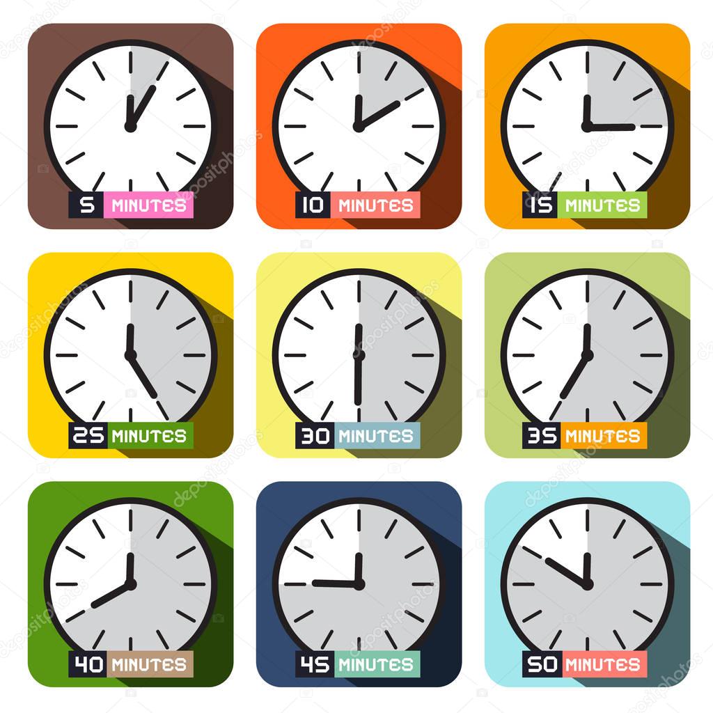 Clock Icons Vector. Different Time Clock Face Set.