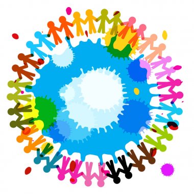 İnsanlar elele sıçraması ile. Renkli vektör yaratıcı proje.