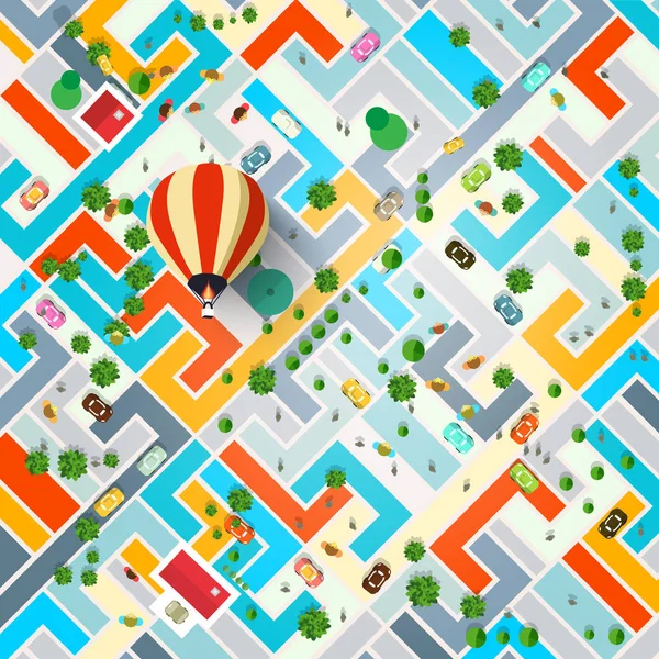 Top View City with Hot Air Balloon. Town with Streets Aerial Vector Abstract Illustration. — Stock Vector