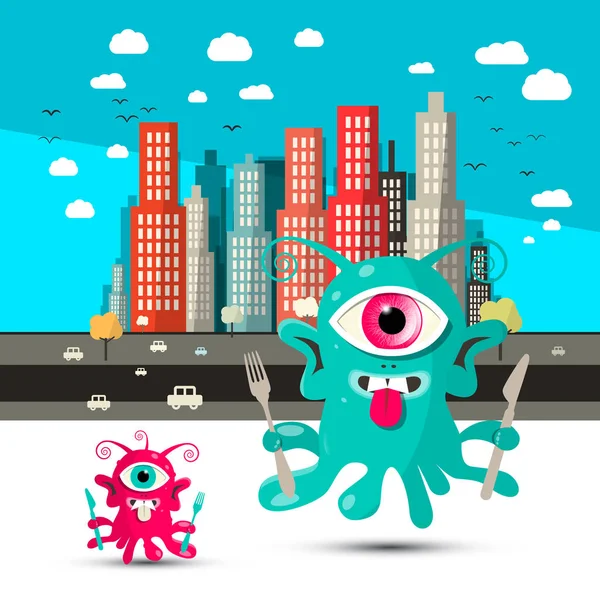 Funky Alien Cartoon. Aliens with City on Background. Vector.