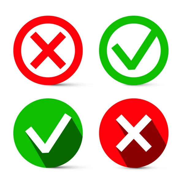 Tick - Cross Red and Green Symbols (dalam bahasa Inggris). Vektor Periksa Ikon Tanda untuk Desain Web Terisolasi di Latar Belakang Putih - Stok Vektor