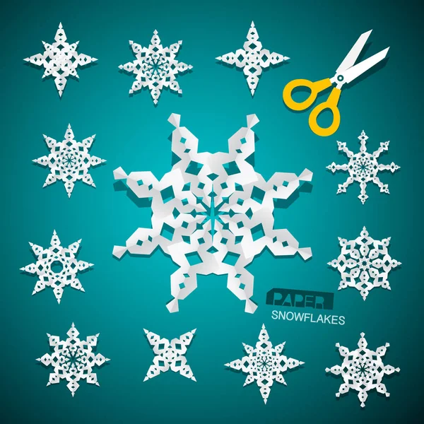 Paper Cut Snowflakes Set with Scissors on Blue Background. Vector. — Stock Vector