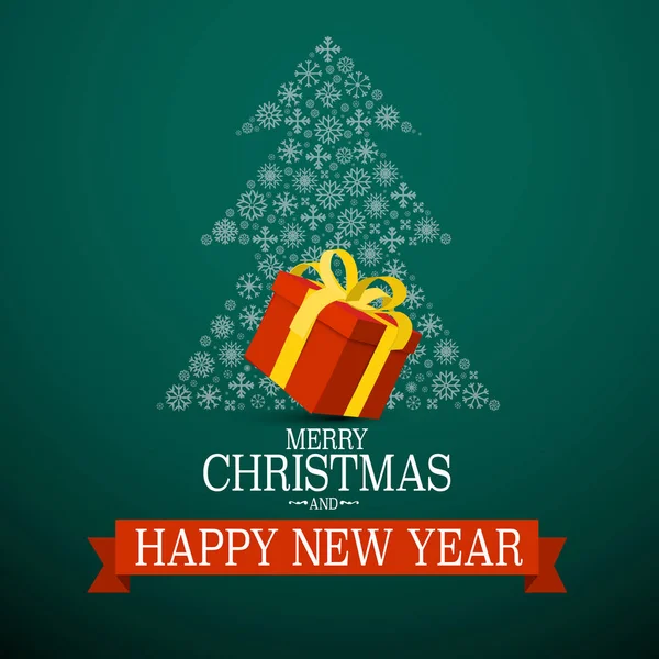 Feliz Natal e Feliz Ano Novo, Cartão com Boi Presente Vermelho e Flocos de Neve Árvore em Fundo Verde. Vetor . — Vetor de Stock