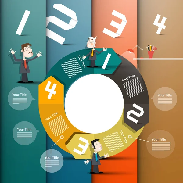 Design infografico. Grafico infografico vettoriale con numeri di carta, uomini d'affari in giacca e cravatta e frecce circolari . — Vettoriale Stock