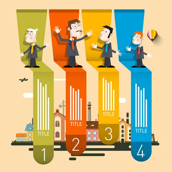 Profilo aziendale Infografica. Quattro passi Retro vettoriale Infografica con uomini d'affari e città sullo sfondo — Vettoriale Stock
