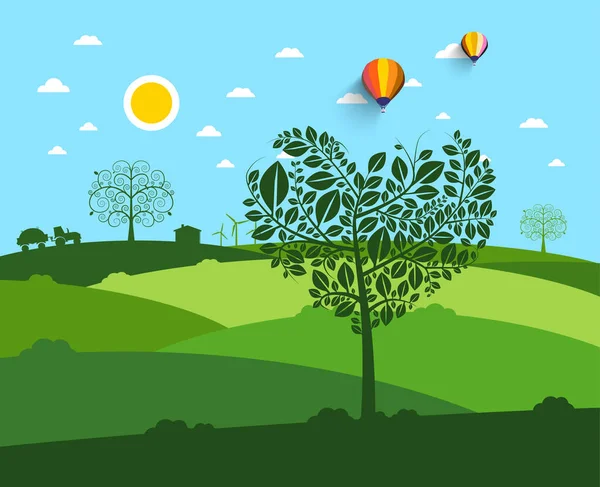 Paisaje plano con árbol en forma de corazón en primer plano y campo sobre fondo . — Vector de stock