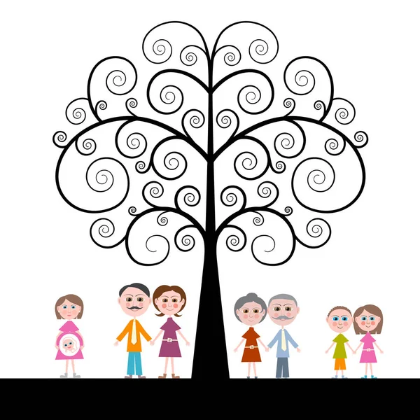 Familia con árbol rizado sobre fondo blanco — Archivo Imágenes Vectoriales