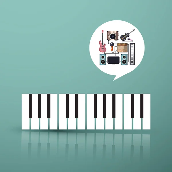 Símbolo musical. Teclado de piano com instrumentos em bolha —  Vetores de Stock