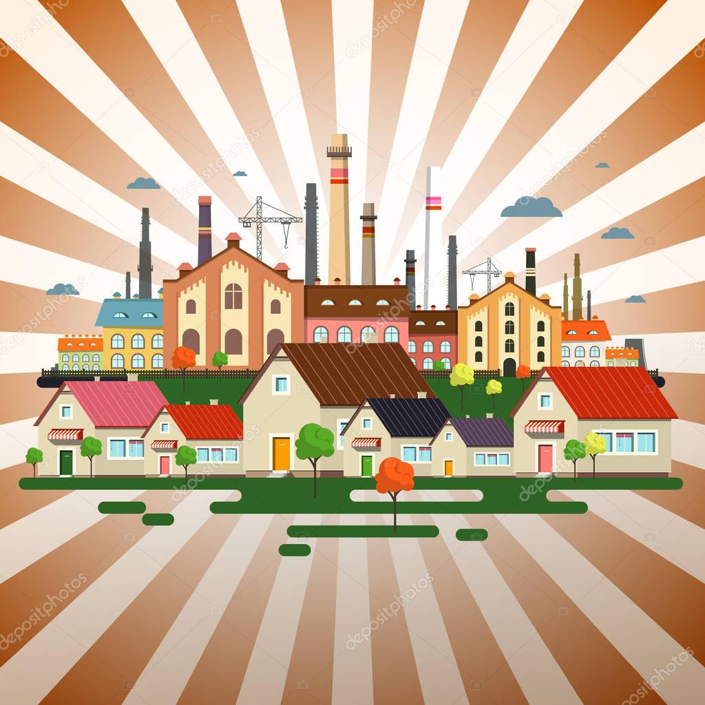 Abstract Town on Retro Background. Vector Factory in City on Vintage Backdrop.