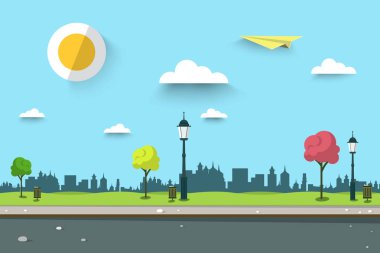 Park boş yolda. Şehir manzarası. Vektör kentsel sahne.