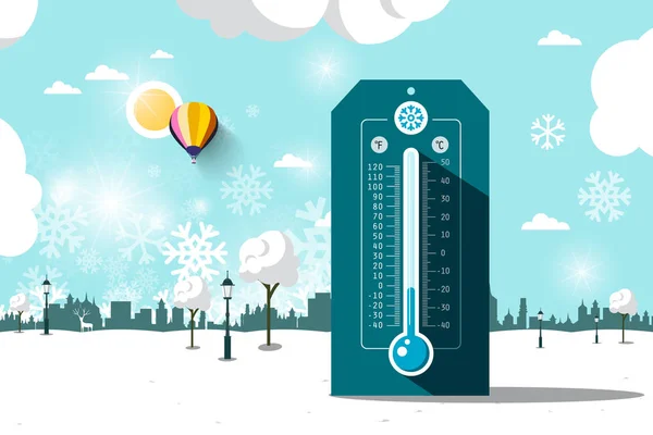 Symbol für kaltes Wetter. Vektor gefrorenen Park. flaches Design Winterlandschaft mit Thermometer. — Stockvektor