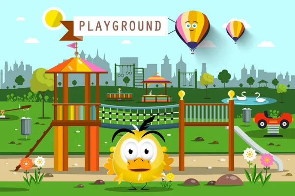 Stadtpark mit Heißluftballons, Skyline-Silhouette und flippigem Huhn — Stockvektor