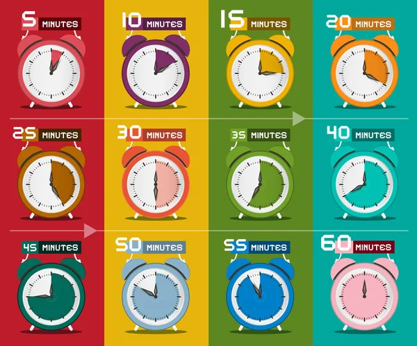 Conjunto de relojes. Iconos de despertador de cinco a sesenta minutos. Vector . — Vector de stock