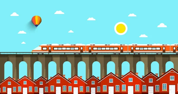 Train sur le pont. Abstrait VEctor Landscape. Ville avec maisons . — Image vectorielle