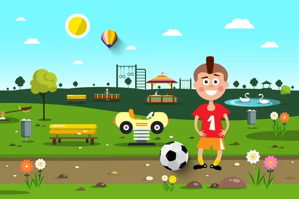 城市公园里有足球的男孩 游乐场矢量卡通 — 图库矢量图片