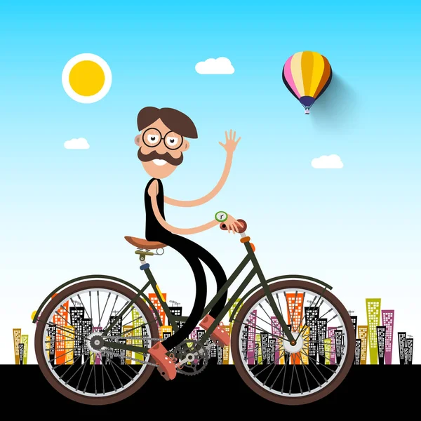 Man Bicycle City Background — Stock Vector