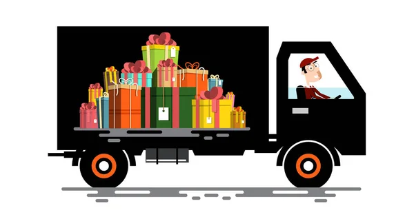 Car with Driver and Gift Boxes Pile. Vector Cargo Vehicle. — Stock Vector