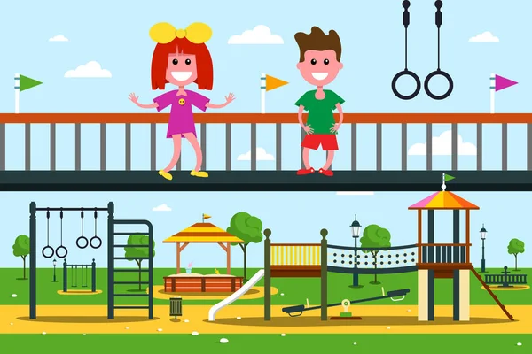 Kinderen op de speelplaats. Flat Design stadspark Cartoon. — Stockvector