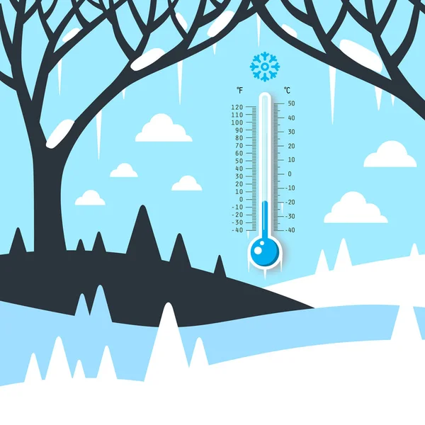 Winter Landscape with Thermometer. Frozen Land. Empty Field Covered with Snow. Vector. Cold Weather Symbol.