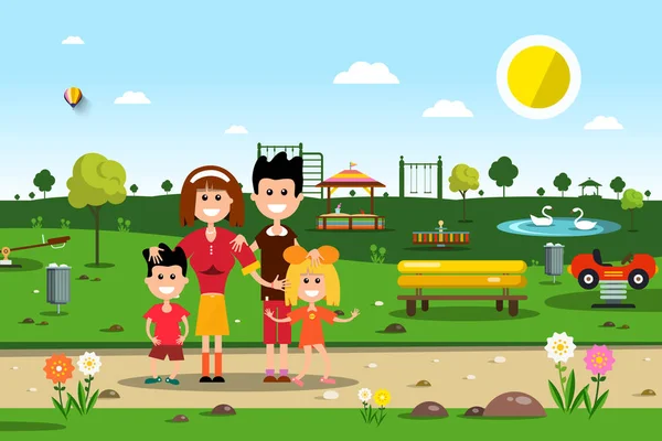 Happy Family à Park. Paysage vectoriel de printemps . — Image vectorielle