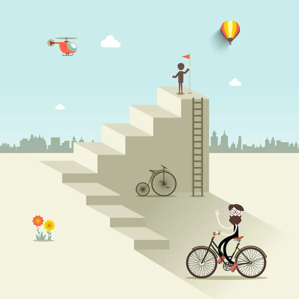 Man Up the Stairs with Flag, One with Bicycle and Helicopter on Sky. Résumé VEctor Flat Design Scène de ville . — Image vectorielle
