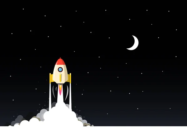 Raketenstart. Nacht flache Design Landschaft mit Mond. — Stockvektor