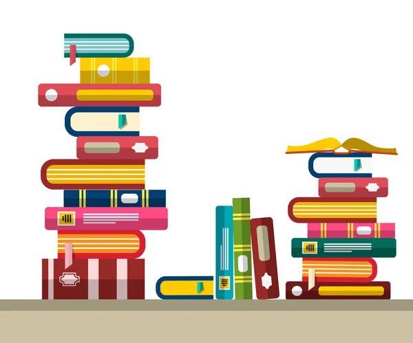 Mucchio di libri in biblioteca o libreria. Illustrazione del design piatto vettoriale . — Vettoriale Stock